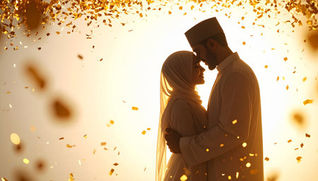Muslim couple kissing and hugging with confetti flying in the air at sunsetの素材