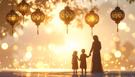 Silhouette of a mother and her daughter holding hands while standing in front of lanterns.の素材