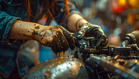 Close-up of the hands of a biker girl on a motorcycle.の素材