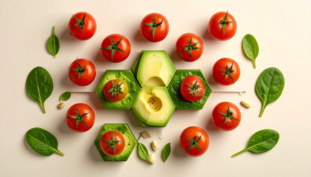 Sliced avocado, cherry tomatoes and spinach leaves on light backgroundの素材