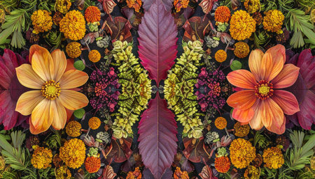 Colorful autumn flowers and leaves as a background. Floral patternの素材