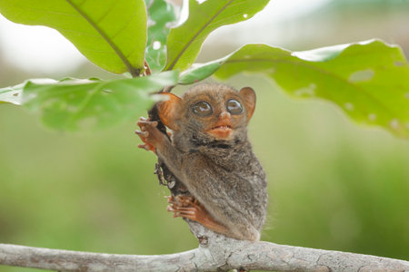 Little tarsier sitting on a tree branch in the rainforestの写真素材
