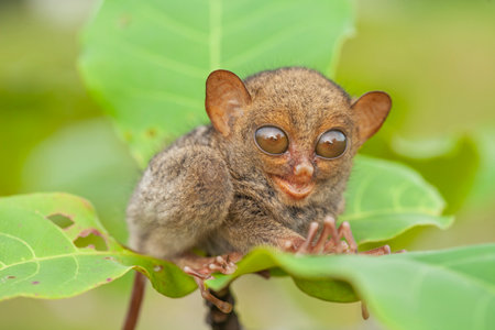 Tarsier on a branch in the rainforest of Indonesiaの写真素材