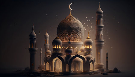 Ramadan Kareem background with mosque and moon. 3d renderingの素材