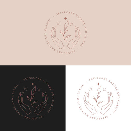 Set of vector logos, emblems, labels and design elements in trendy linear style with hands and flower.のイラスト素材