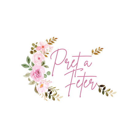 Vector watercolour logo frame with pink and white roses, green leaves, branches and lettering.のイラスト素材