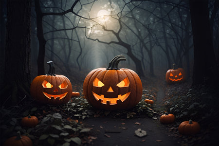 Halloween pumpkins in the foggy forest. 3d renderingの素材