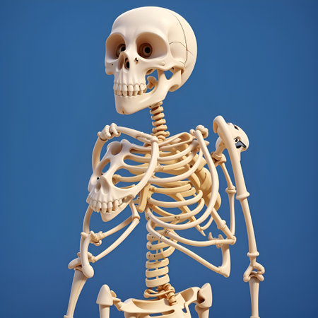 Human skeleton model on a blue background. 3d render image.の素材