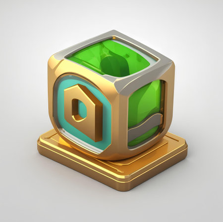 3d illustration of golden cube with symbol of email on grey backgroundの素材
