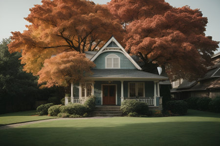 Retro style image of a beautiful house in the fall with maple treeの素材