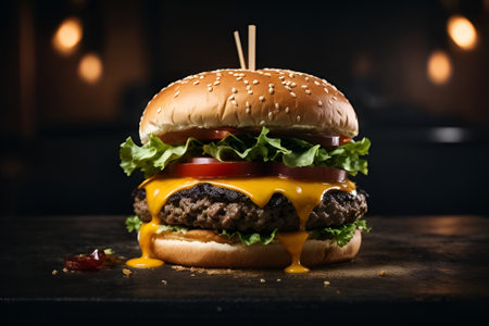 Delicious cheeseburger on a dark background. Toned.の素材