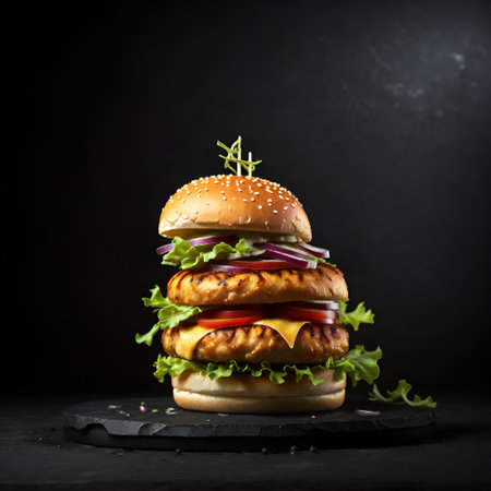 Homemade hamburger with fresh vegetables on black background. Toned.の素材