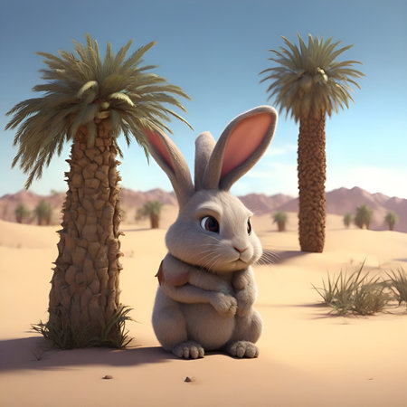 3D rendering of a cute white rabbit in the desert with palm treesの素材