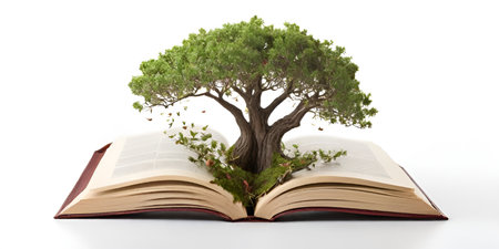 Tree growing from an open book on a white background. 3d renderingの素材