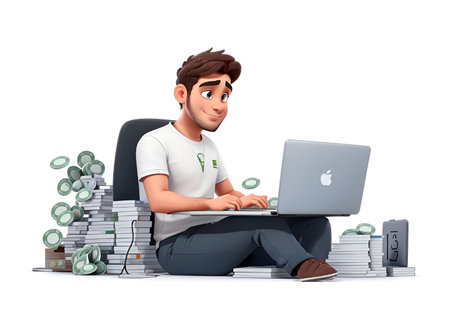 Young Man with Laptop Sitting on Stack of Money Isolated on White Backgroundの素材