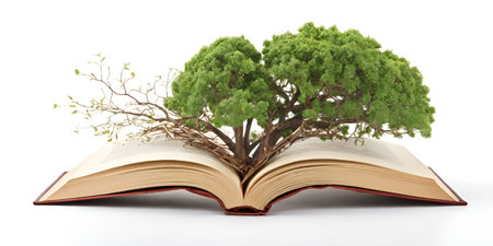 Tree growing from an open book on white background. 3d illustrationの素材