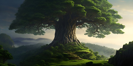 Old tree in the mist. 3D render. Fantasy landscape.の素材