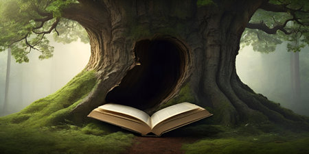 Open book in the forest. Conceptual image. 3D renderingの素材