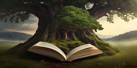Open book in the shape of a tree. Nature concept. 3D Renderingの素材
