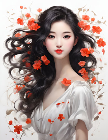 Beautiful Asian woman with long black hair and red flowers.の素材