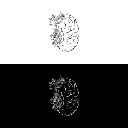 Floral Brain and Flower on a black and white background. Vector illustration.のイラスト素材