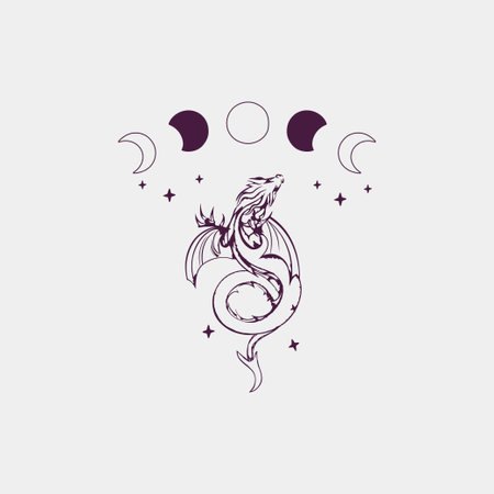 Vector illustration of a stylized dragon on the background of the moon and stars.のイラスト素材