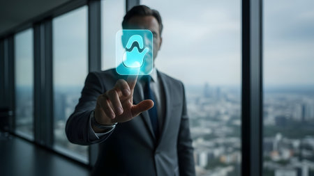 A professional businessman in a tailored suit interacts with an illuminated virtual screen, his finger making contact with a modern, abstract icon. The setting is a contemporary high-rise office with expansive windows, offering a blurred yet impressive view of a bustling city skyline below. This image represents advanced technology, digital transformation, and future-forward business concepts in a corporate environment.の素材