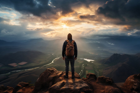 At the mountain cliff summit, a hiker overlooks the breathtaking viewの素材