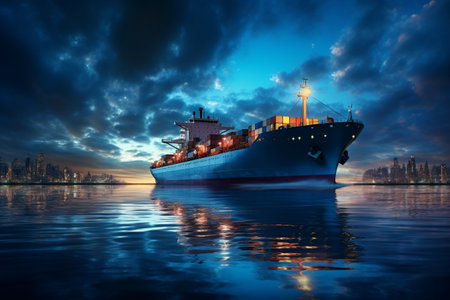 An oil tanker docked at an offshore port during the nightの素材