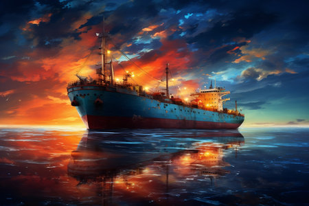 An oil tanker docked at an offshore port during the nightの素材