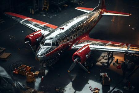A depiction of aircraft maintenance inside a hangarの素材