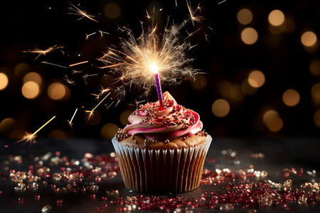 A celebratory cupcake with a sparklerの素材