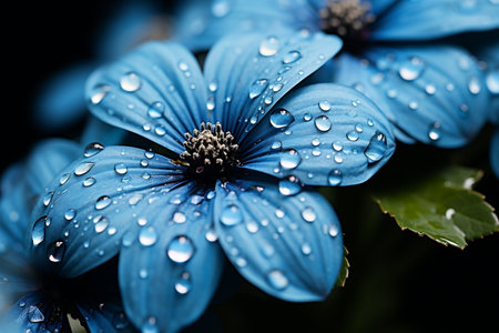 Close-up image of water droplets on a blue flowerの素材
