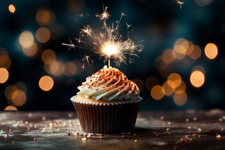 A celebratory cupcake with a sparklerの素材