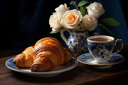A cup of coffee and croissantsの素材