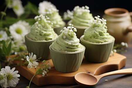 Matcha cupcakes with jasmine flowers and matchaの素材