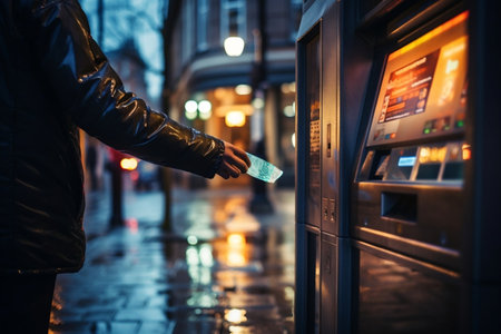 Person inserting plastic credit card into streetの素材