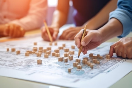 Hand pinning location on a map with business peopleの素材