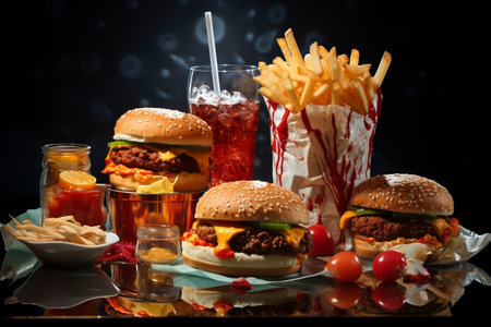 Close-up of delicious fast food snacks and drinks on a tableの素材