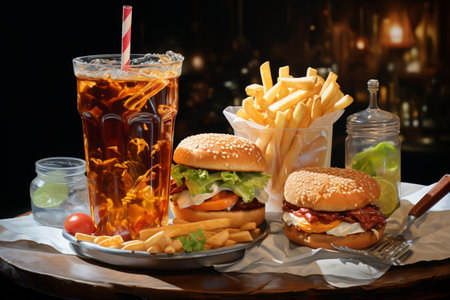 Close-up of delicious fast food snacks and drinks on a tableの素材