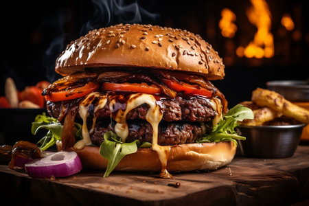 Close-up of a delicious homemade beef burger on a wooden tableの素材