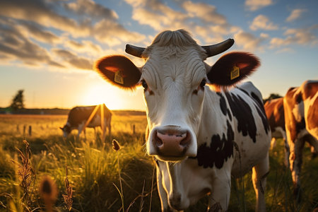 Cows grazing at sunsetの素材