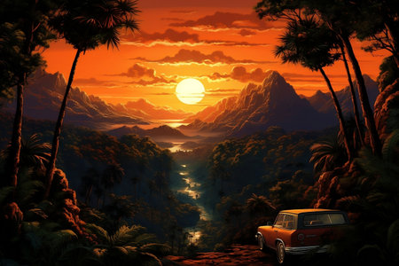Driving into the breathtaking sunsetの素材