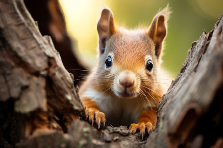 Curious red squirrel peeking out from behind the treeの素材
