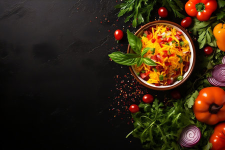 Fresh salad with rice and vegetables on a dark backgroundの素材