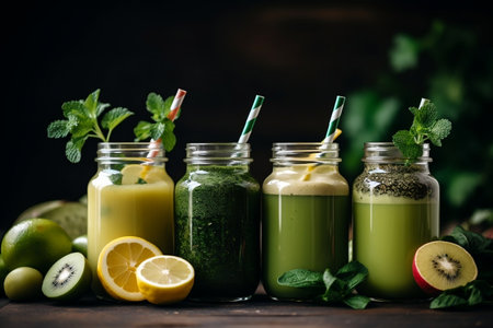 Glass jar mugs filled with refreshing green health smoothiesの素材