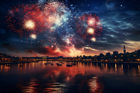 Spectacular blue, white, and red fireworks illuminating the night sky above the river.の素材
