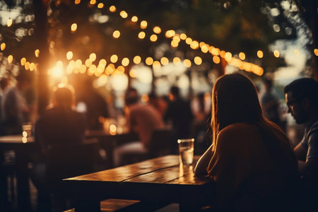 Bokeh background featuring a street bar at a beer restaurantの素材