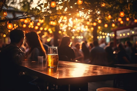Bokeh background featuring a street bar at a beer restaurantの素材