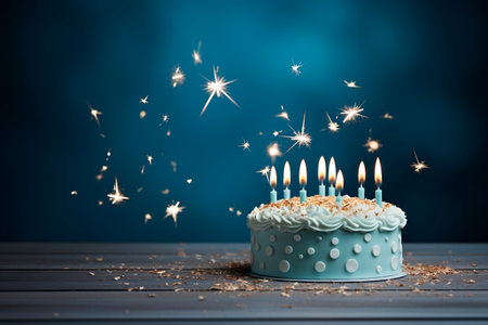 Young boy's birthday cake adorned with candles and ample copy spaceの素材